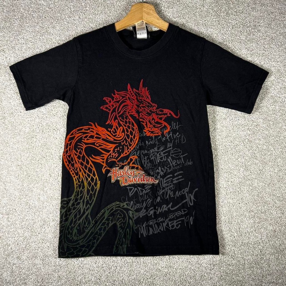 Y2K youth Harley Davidson black dragon all over print biker t-shirt